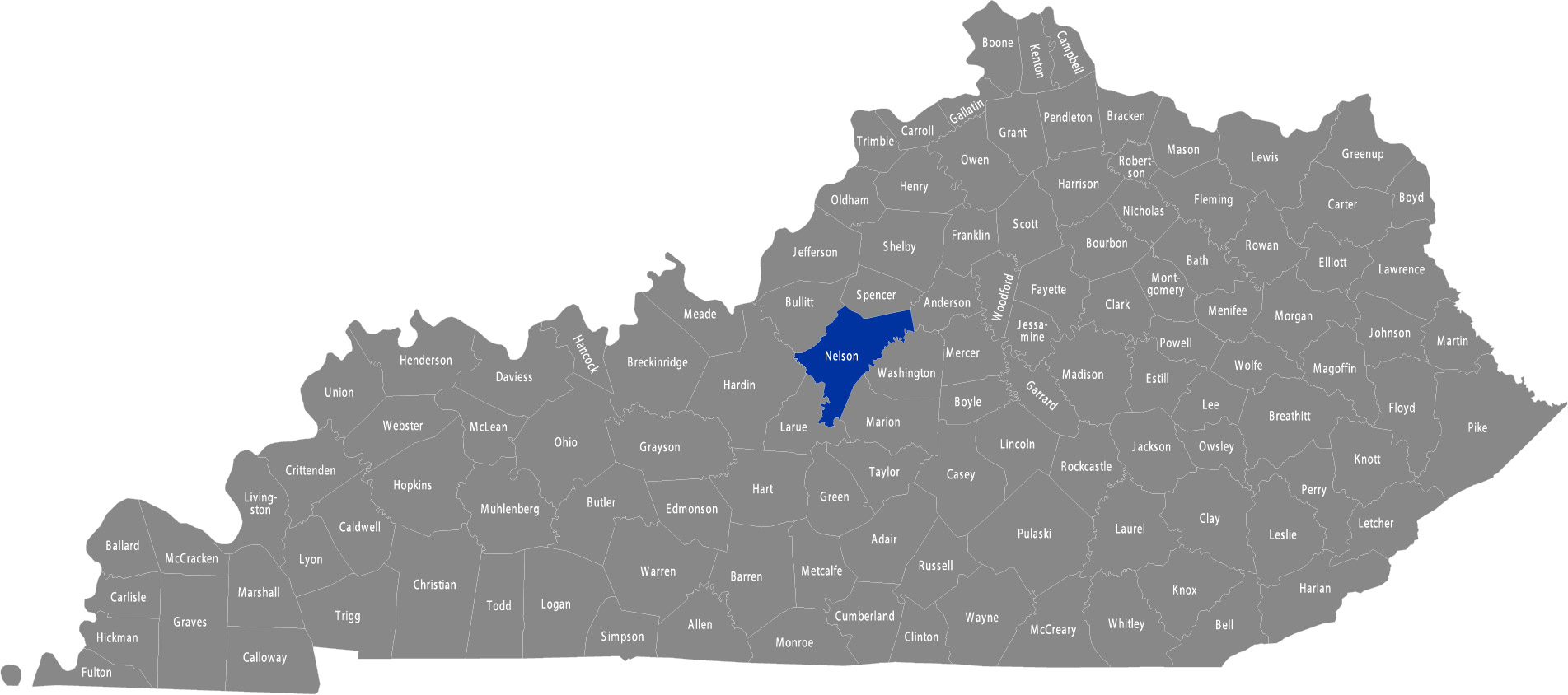 Kentucky map with Nelson county highlighted in blue